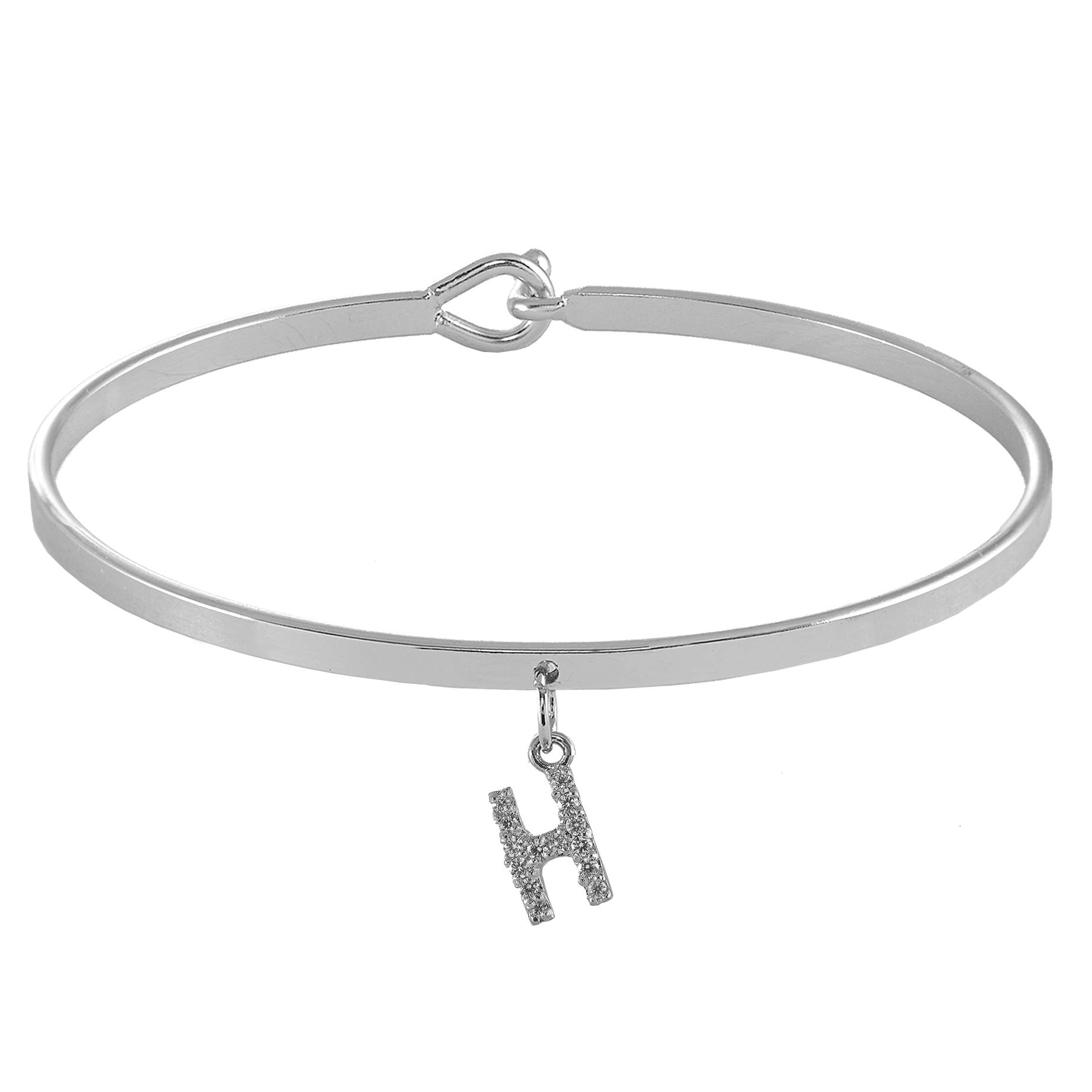 Spinningdaisy Dangling Crystal Initial Charm Cuff Bracelet (H Silver)