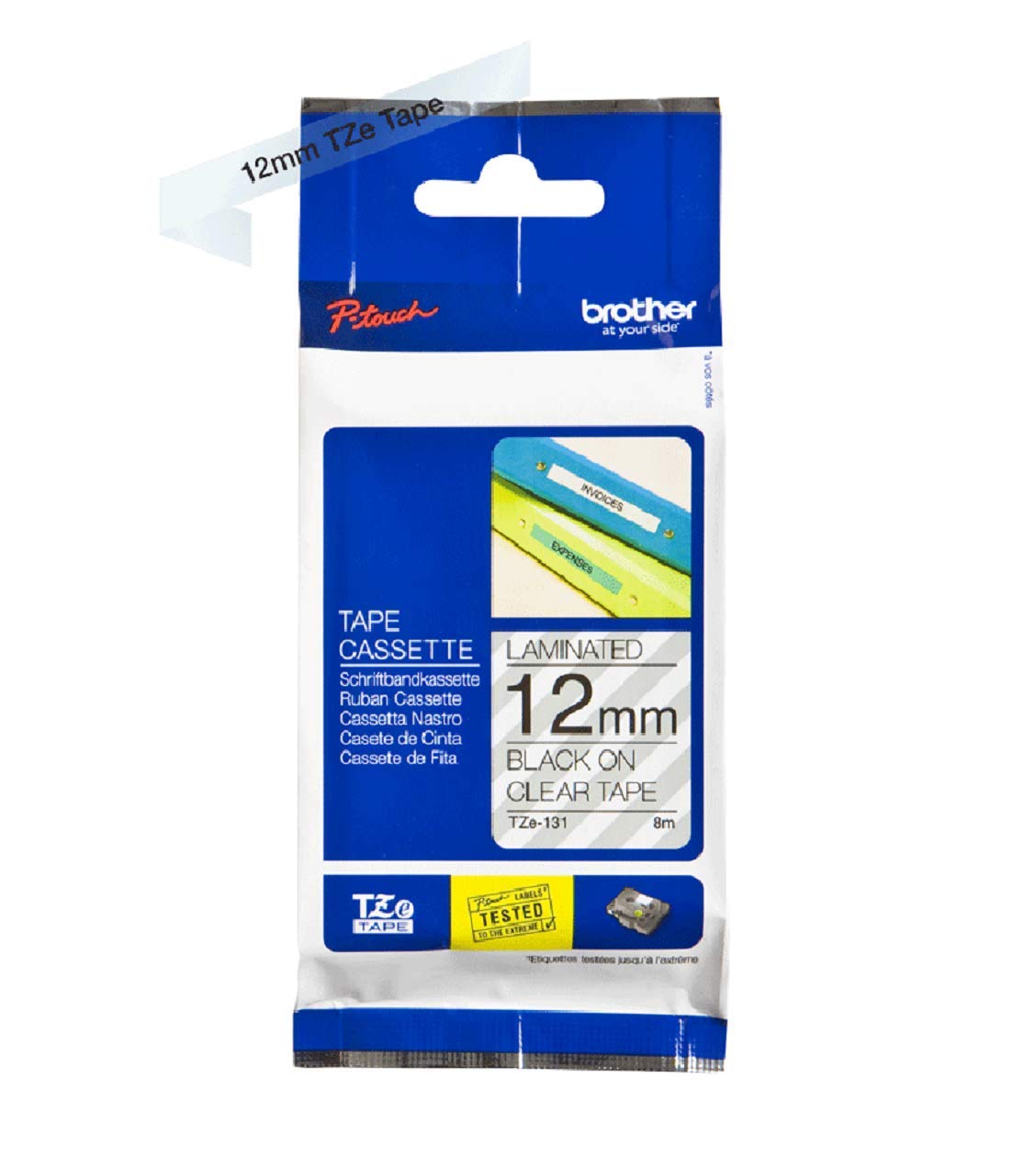 Brother TZe-131 Labelling Tape Cassette, Black on Clear, 12mm (W) x 8M (L), Laminated, Brother Genuine Supplies