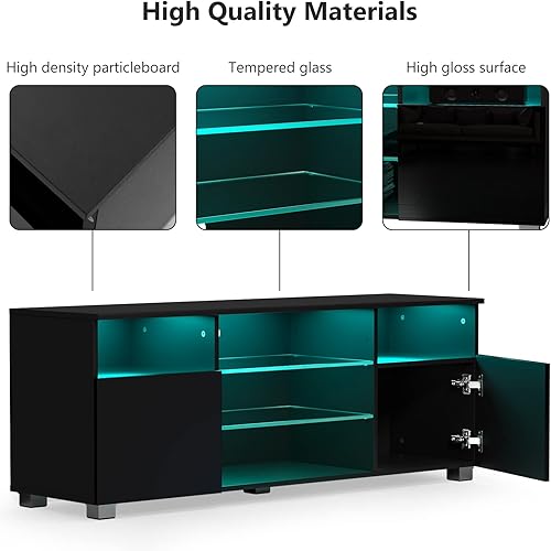 Miniatura 6 de Soporte de TV LED para TV de 55 pulgadas, moderno centro de entretenimiento con luces LED y gabinetes brillantes, consola de muebles de TV y medios