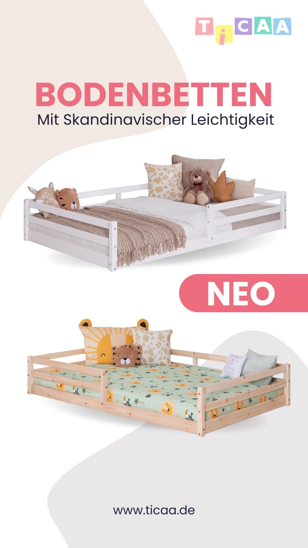 TiCAA Bodenbett, Kinderbett Massivholz – Montessori Bett „Neo“ aus Kiefer mit Lattenrost und Rausfallschutz, Holzbett belastbar bis 150 kg