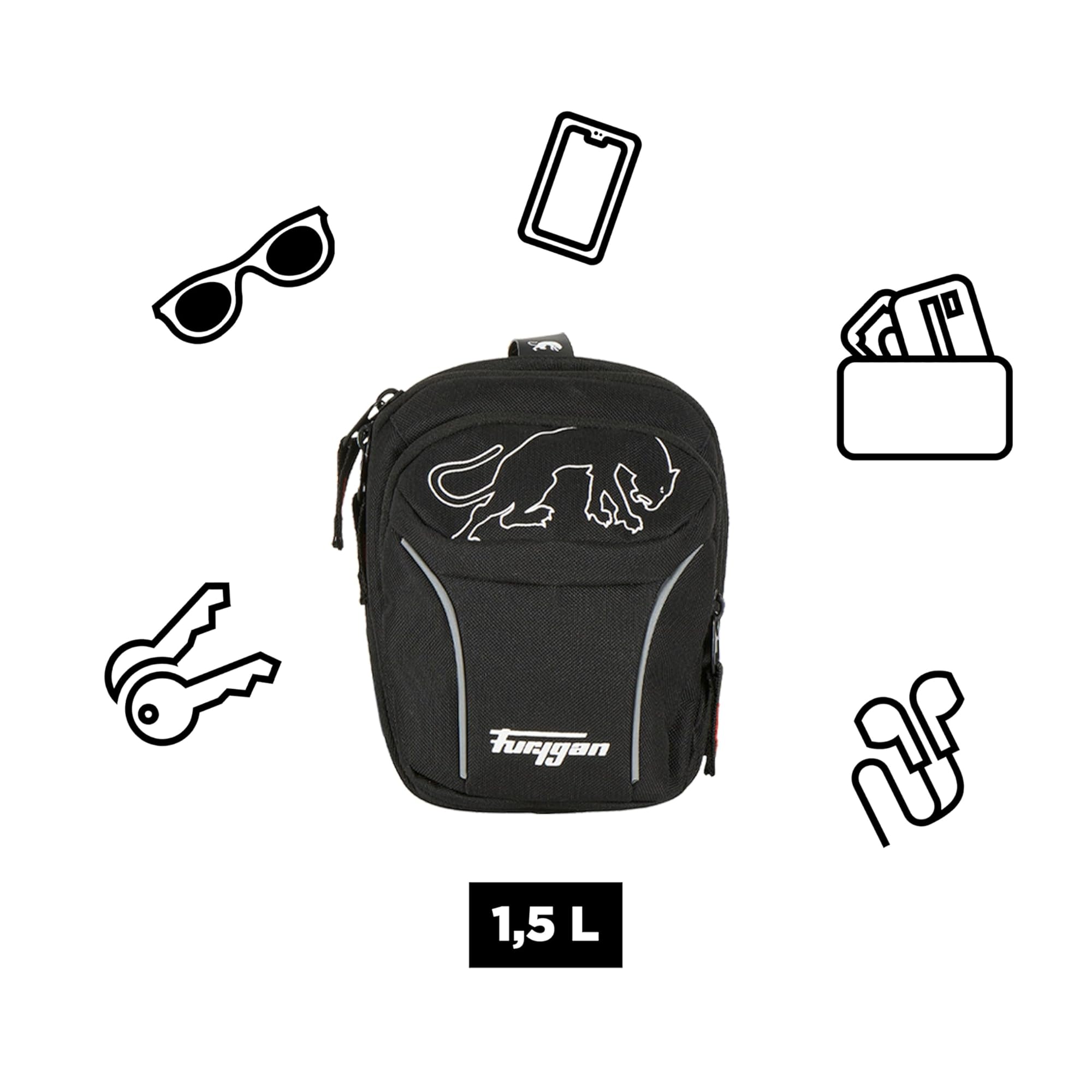 Furygan Colt Evo 2 - Sacoche de Jambe Moto – 1,5L Étanche avec Bretelles Ajustables et Inserts Réfléchissants – Sacoche Cuisse Pratique pour Motard, Noir