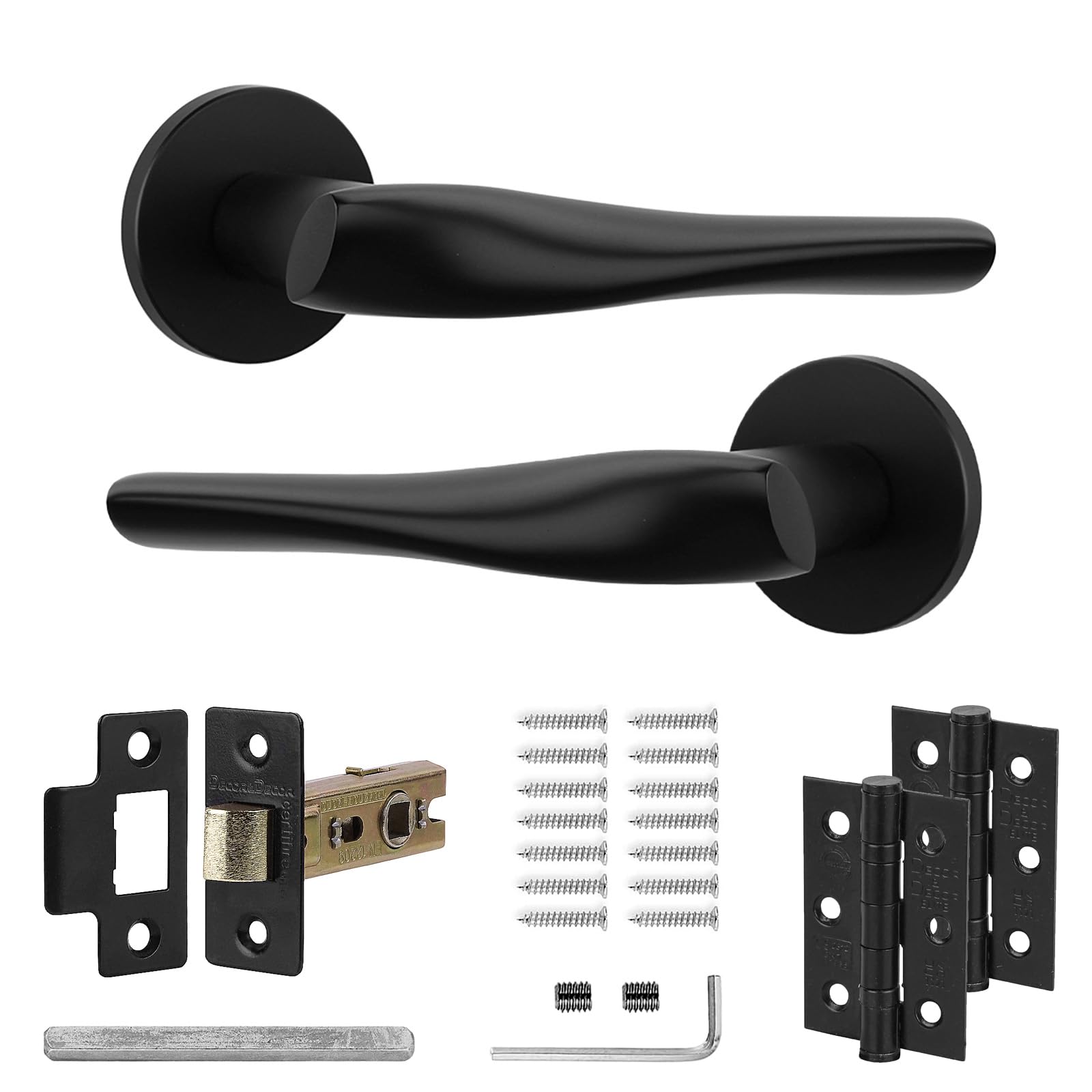 Decoranddecor Nanda Aluminium Matt Black Door Handle Sets for Wooden Interior Doors - Internal Door Handles with Tubular Mortice Latch and Hinge
