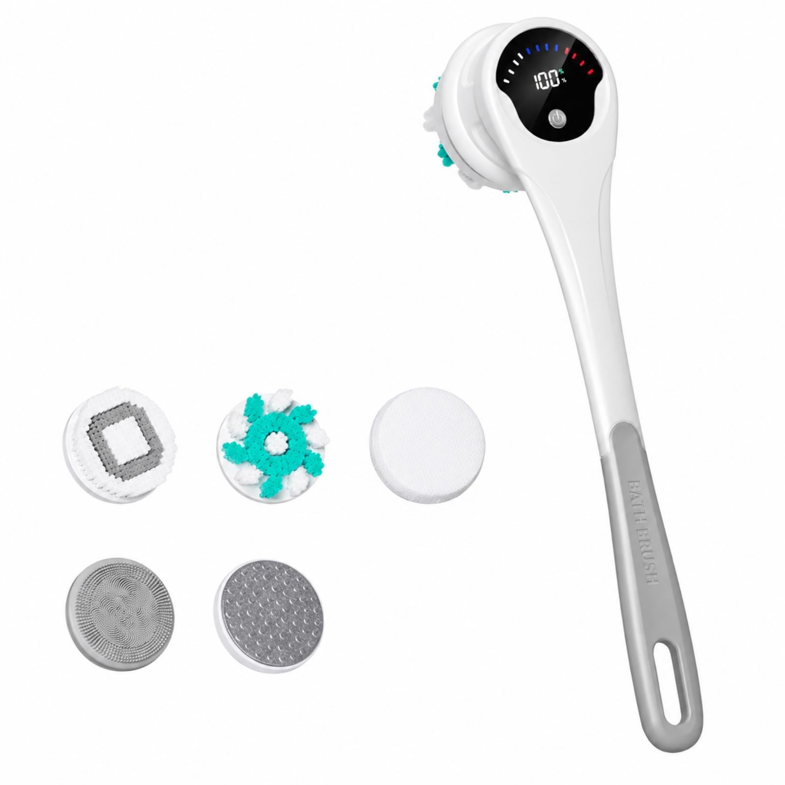 Silikonersatz Elektrische Rückenbürste | ergonomischer langer Griff, wiederaufladbar, Bürste mit wechselbaren Bürstenköpfen, für Dusche, Badewanne, Badezimmer, Grau
