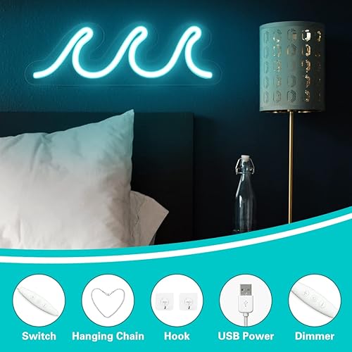 Miniatura 4 de Letreros de neón ondulados para dormitorio, letreros de neón LED azul hielo para decoración de pared, luces nocturnas alimentadas por USB con
