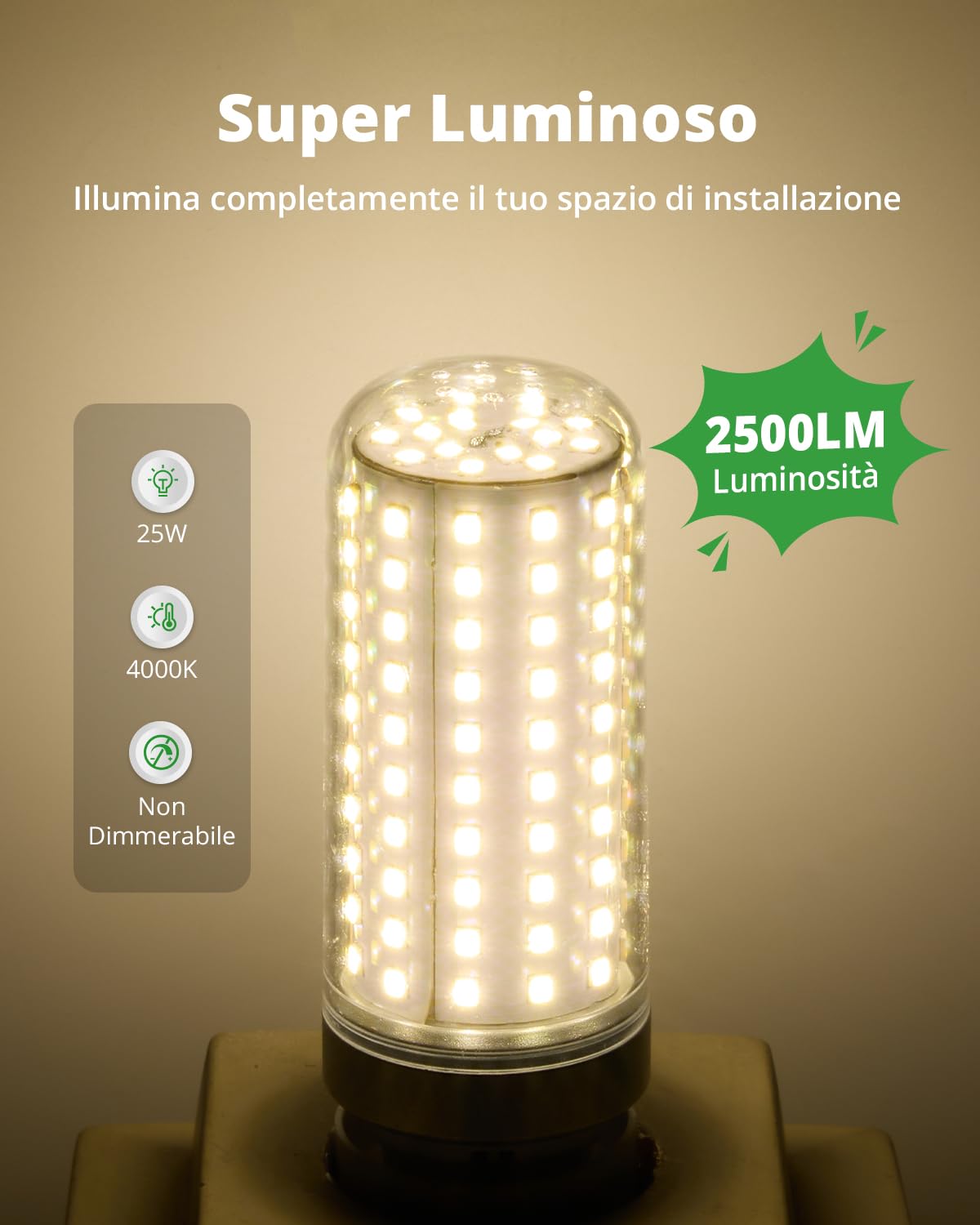 HOMEOW Lampadine LED E27 Luce Naturale 4000K, 25W 2500LM Lampadina LED E27, Equivalenti a 200W Lampada Alogena, Lampade LED E27 Mais Risparmio Energetico, AC 220-240V, Set di 4