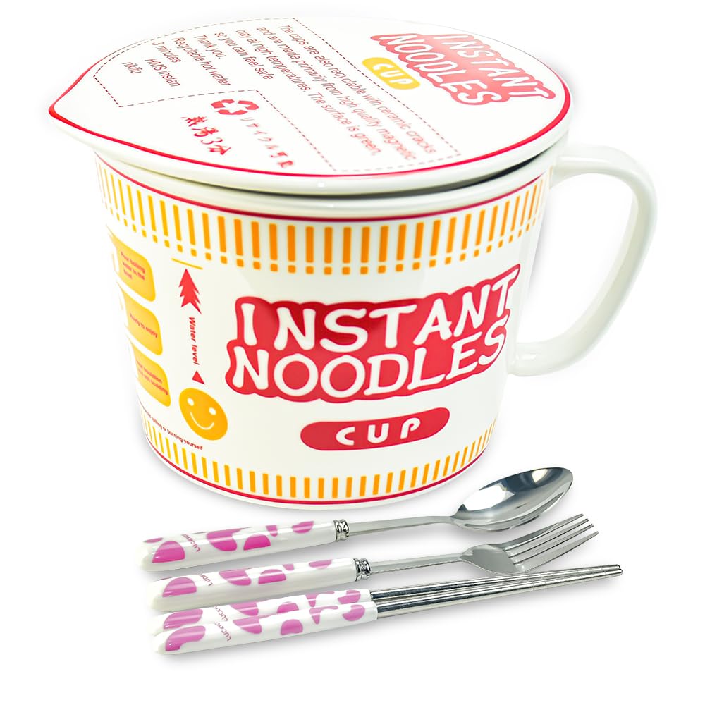 Tazón de Fideos Ramen Cuenco de Cerámica para Ramen con Tapa 1000ml Cuenco Fideos Instantáneos con Set de Cuchillo Tenedor y Cuchara Tazón de Sopa con Asa para Ramen Pasta Ensaladas Snacks