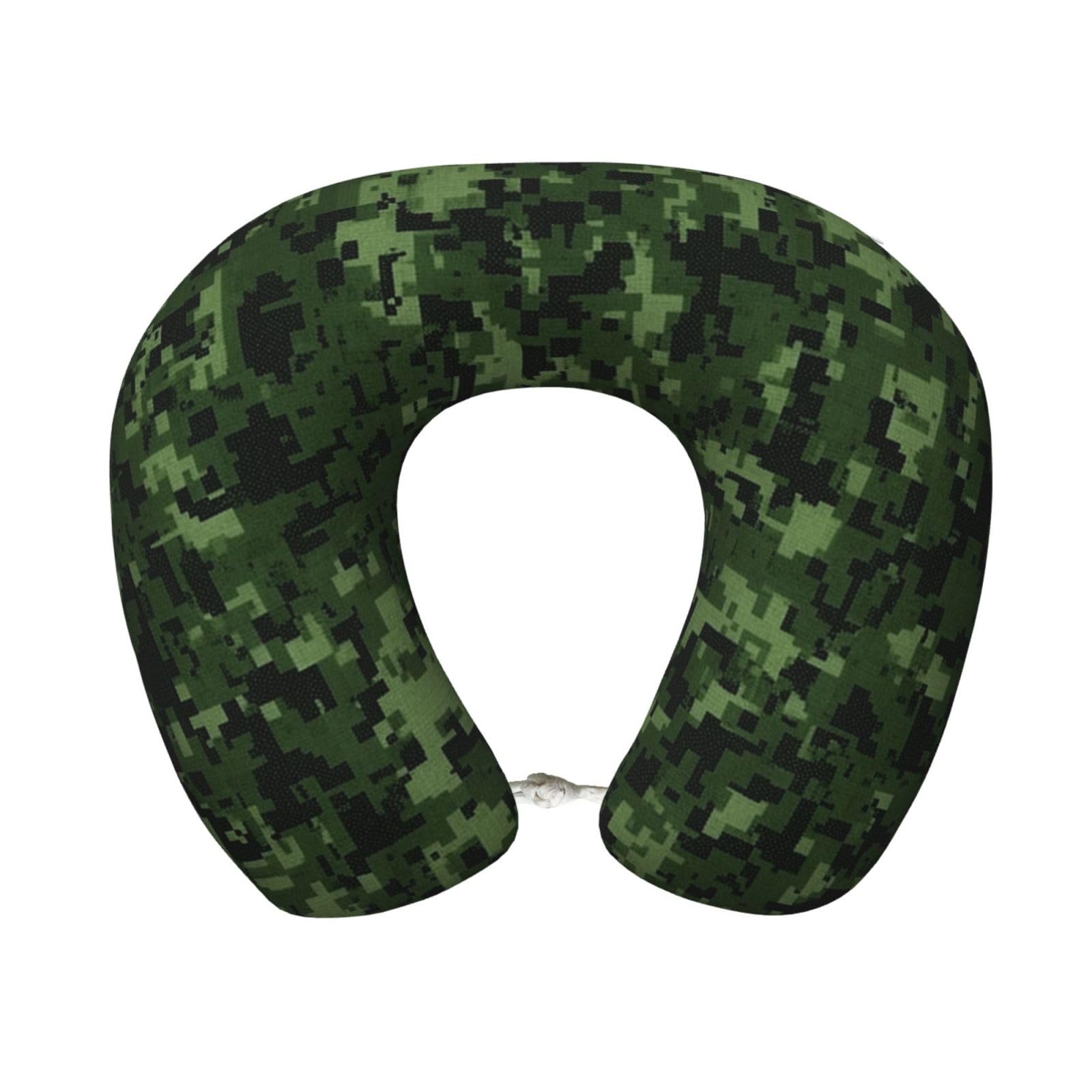 Green Army Digital Camouflage Travel Pillow Memory Foam - Comfortable U Shape Neck Pillows for Sleeping, Neck and Head Support Portable Airplane Pillow Adjustable Flight Pillow, Washable Cover