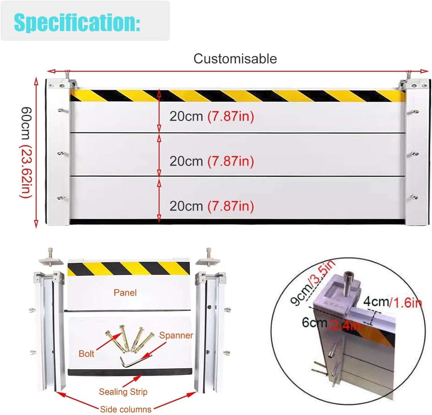 Garage/Front Door/Driveways/Warehouse/Home Entrance Detaable Flood Protection Barriers, Commercial Aluminum Flood Control Baffle Water Stopper Panel, 60 70 80 90 100 150 200 Cm Flooding Gu