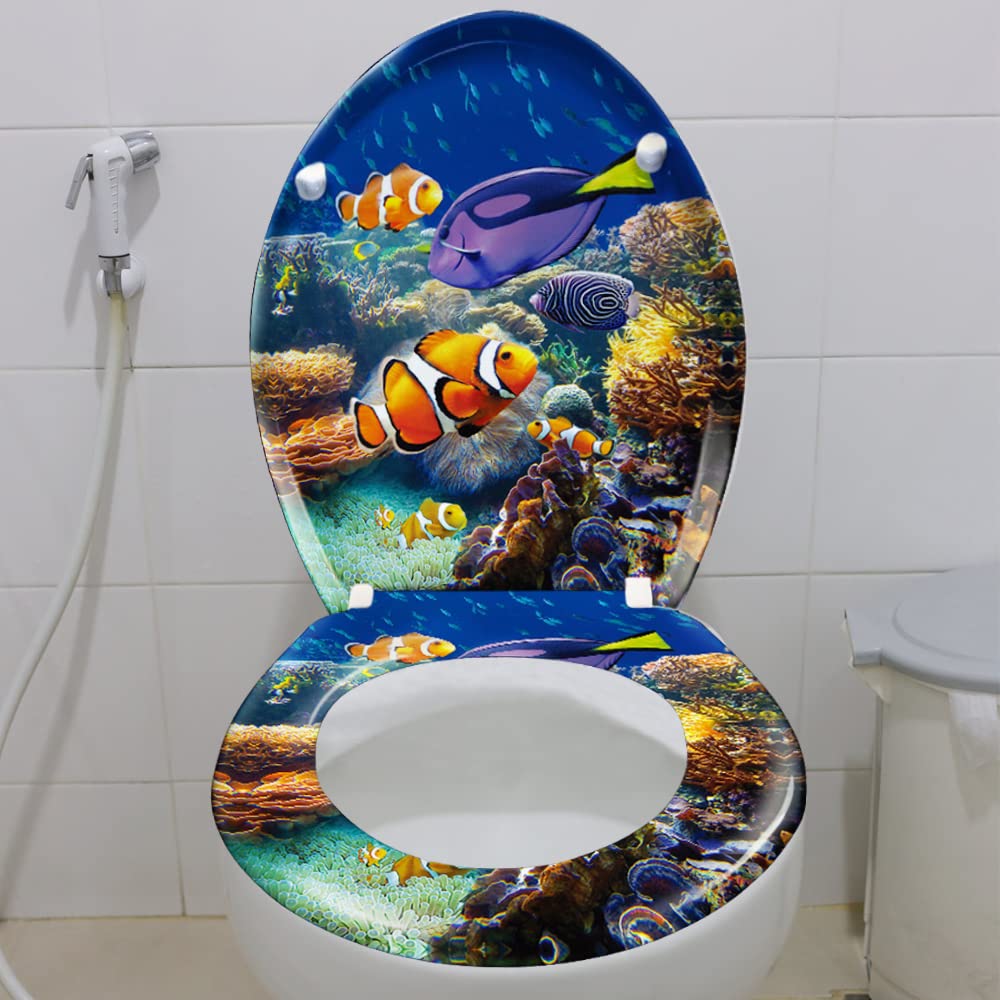 Froadp Asiento de inodoro con tapa ovalada de cierre suave, asiento de inodoro antibacteriano de plástico duro para todos los inodoros estándar, fácil instalación y limpieza (peces ornamentales)