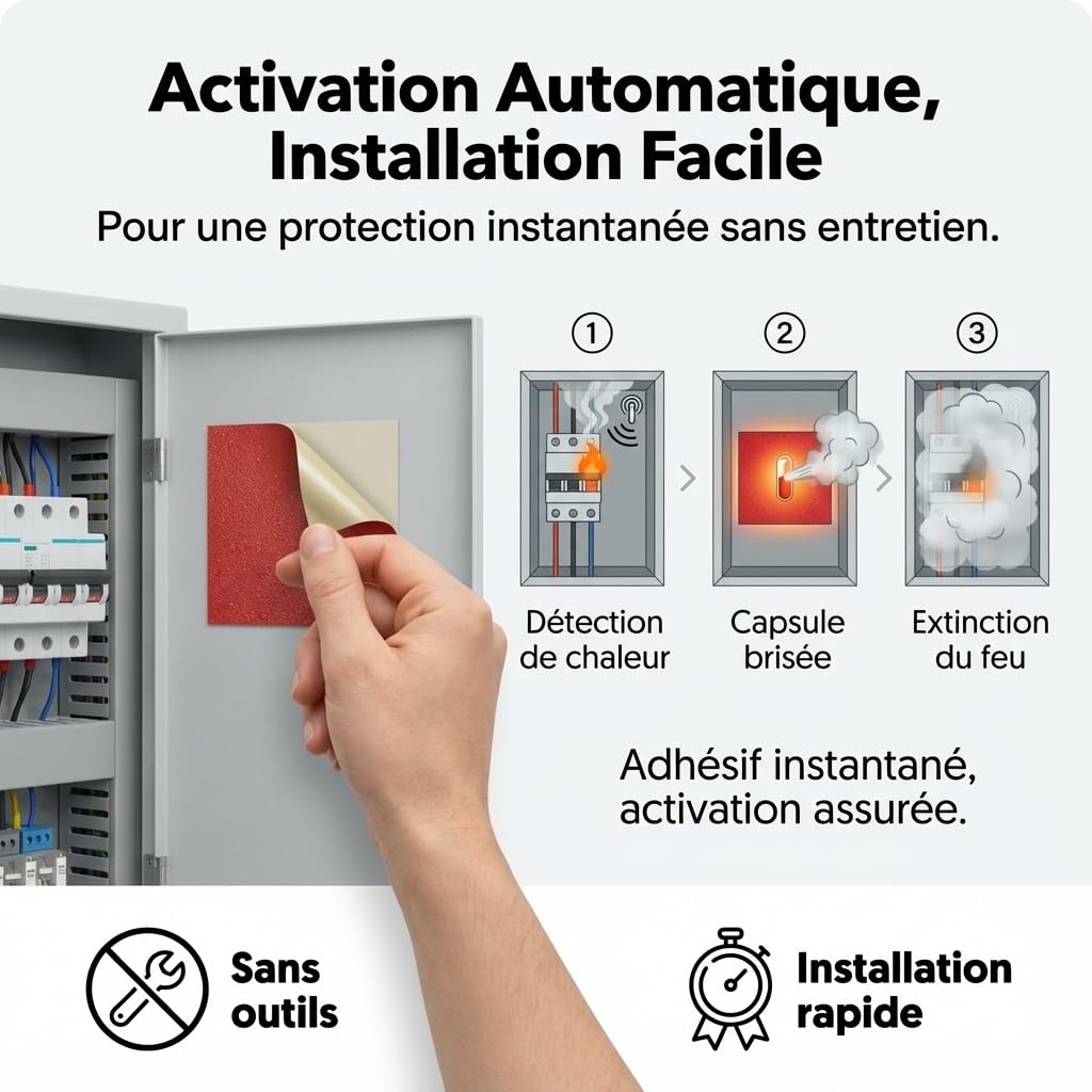 Autocollant Petit extincteur Automatique 4×10 cm | Protection Incendie sans Entretien | Technologie microcapsulaire | pour armoires électriques, véhicules et Batteries Lithium