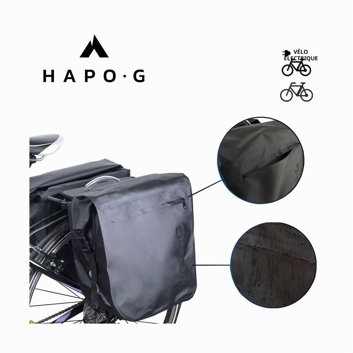 Hapo-G - Sacoche vélo Porte Bagage arrière - Sacoche arrière à Pont Waterproof - Accessoire Velo Electrique (VAE), VTT, VTC,Ville - Capacité de 40L, 2x20L - Noir - 34 x 16 x 35 cm