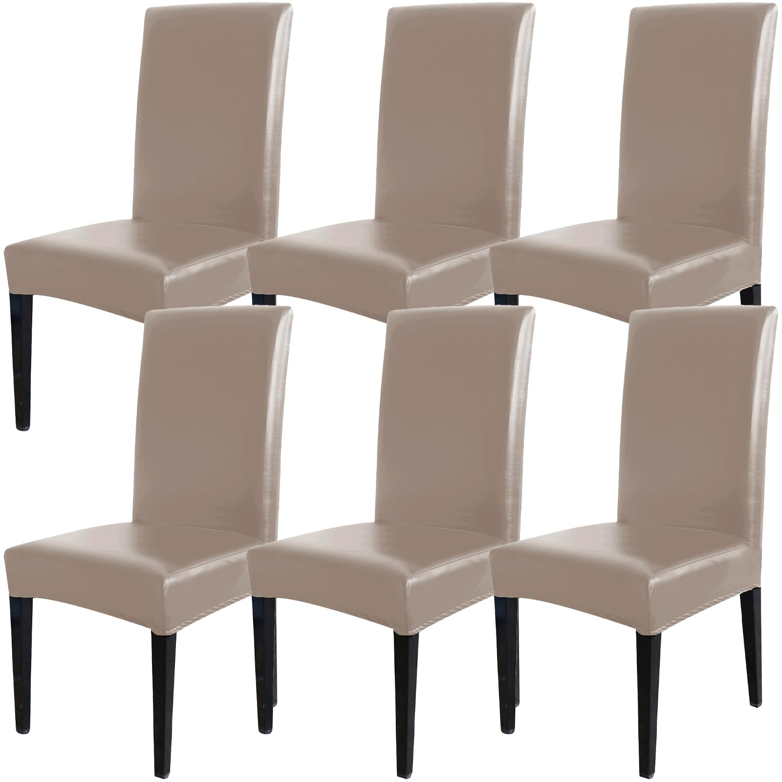 Photo 1 of Qubjus Dining Chair Covers, Solid Pu Leather Waterproof Oilproof Stretch Dining Chair Protector Cover Slipcover (Khaki, 6 Pack)