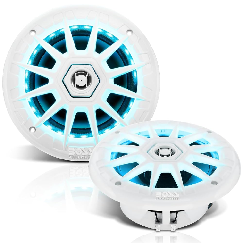 KIT SET PER BOSS AUDIO SYSTEMS MRGB65 2 altoparlanti marini full range a 2 vie da 6,5" 16,5 cm 165 mm, 100 watt rms 200 watt max, 4 ohm, impermeabili, con led rgb, a coppia + telecomando