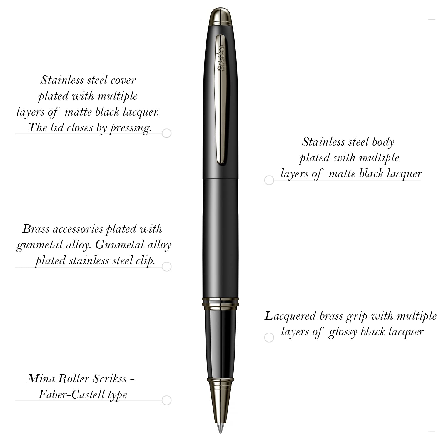 Scrikss Penna a sfera roller | corpo in acciaio inox nero | accessori in ottone placcato oro | Knight 88 Series | design moderno ed elegante | ideale per ufficio, casa, università, regali