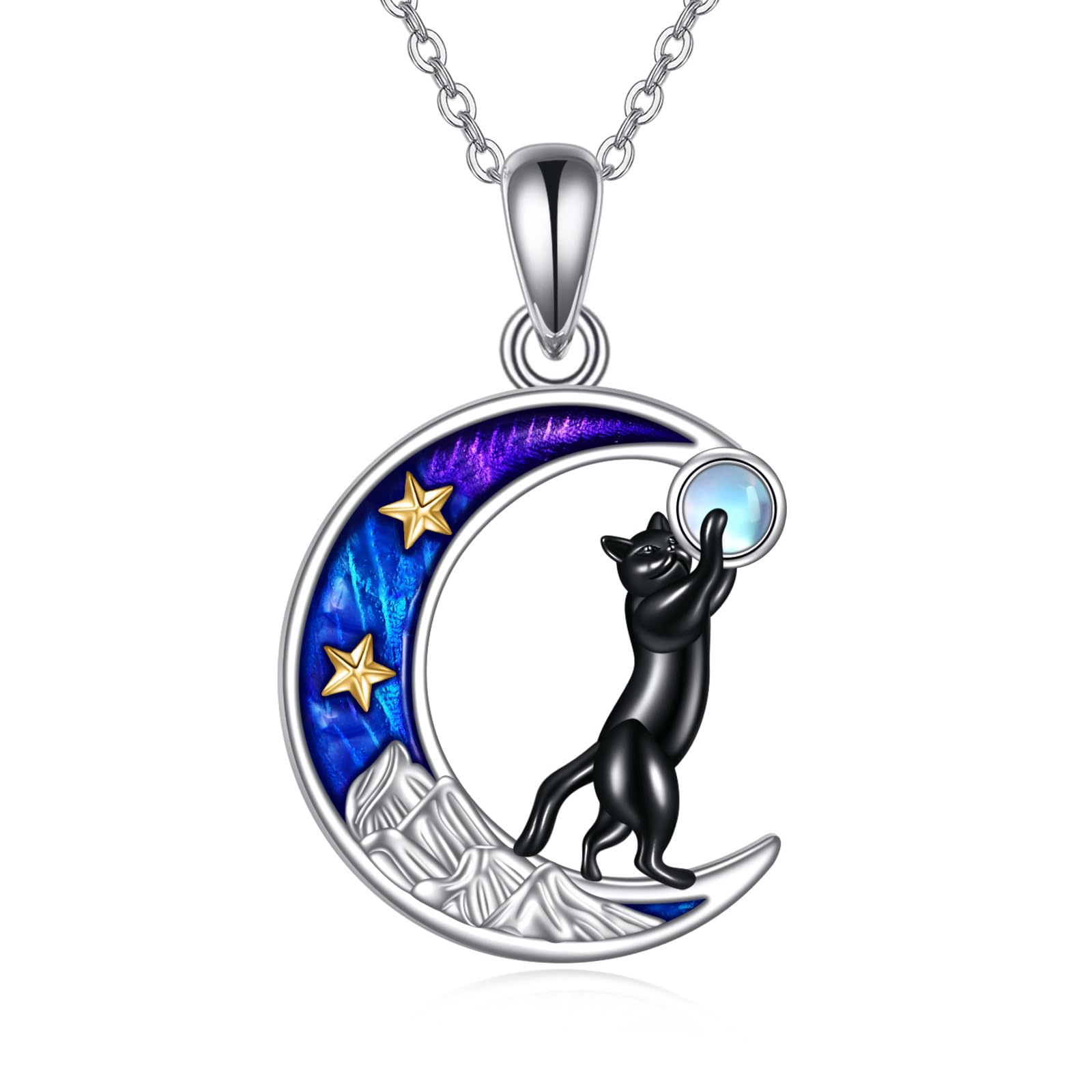 YAFEINI Katzen Kette aus Sterlingsilber mit Katzen Anhänger Mond- und Berg Halskette Schmuck Geschenke für Damen.