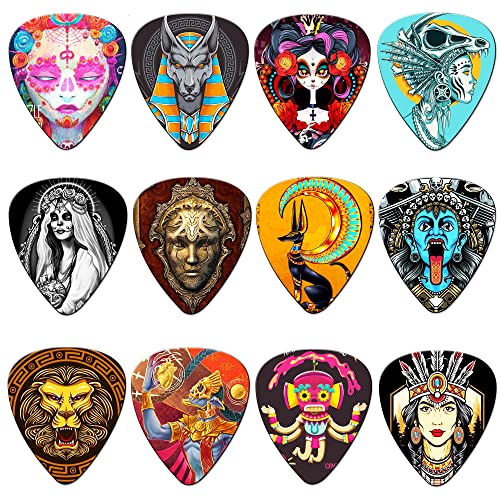 Guitar Picks 24 Pack Thin, Medium, Heavy & Extra Heavy Picks with Tin Box,Variety Pack Artistic Celluloid Guitar Pick for Bass Electric Guitar Acoustic Guitar Lovers Gift (Mix-3)