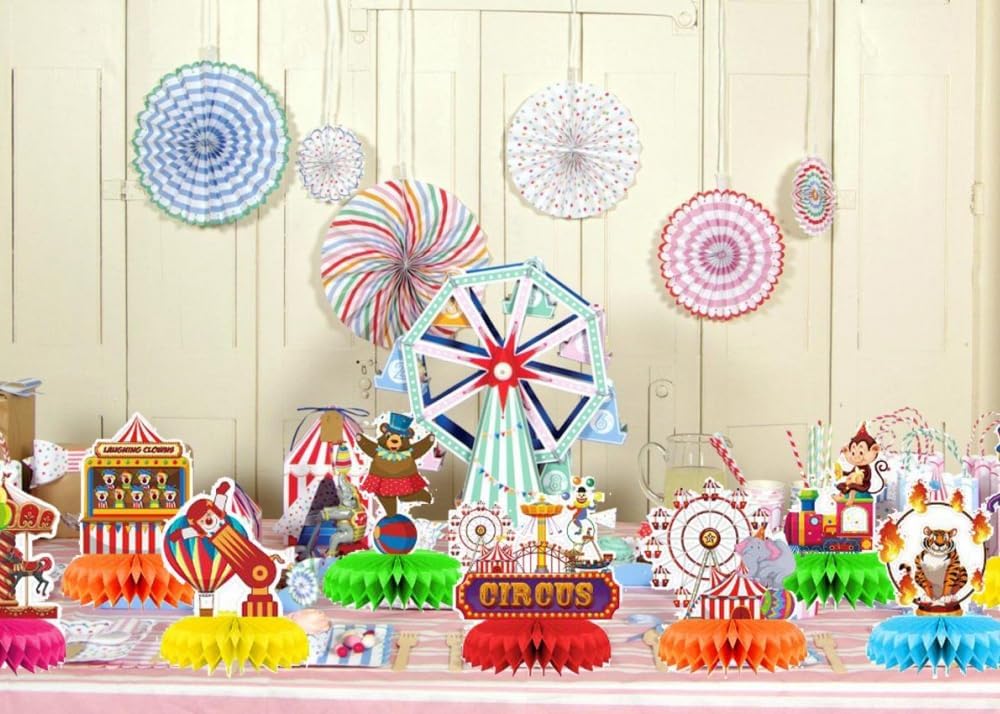 BOFUNX 9pcs Centrotavola A Nido D'Ape Tema Circo - Decorazione Cartone Per Feste E Carnevale - Foto 2