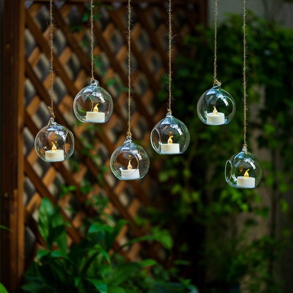 24 Pcs 3.15"/ 8cm Hanging Glass Tealight Holder Globe with LED Tealight, Plant Terrariums Glass Orbs Air Plants Tea Light Candle Holders Home Decor Indoor Outdoor Garden DIY Gifts (24 Pcs) 3.15 inches 24