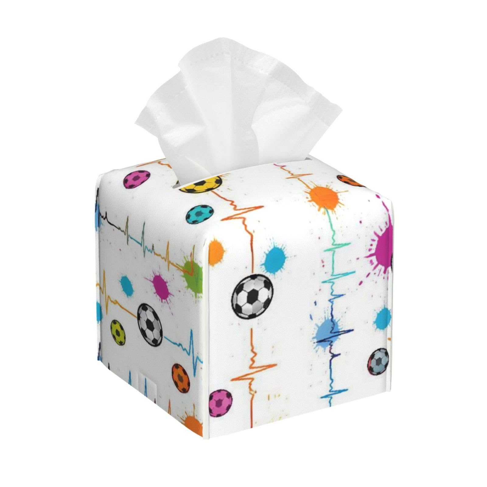 Colorful Paint Splash Ink Soccer Football Leather Tissue Box Cover Holder Square Facial Paper Organizer 5.2" X 5.2" X 5.2"