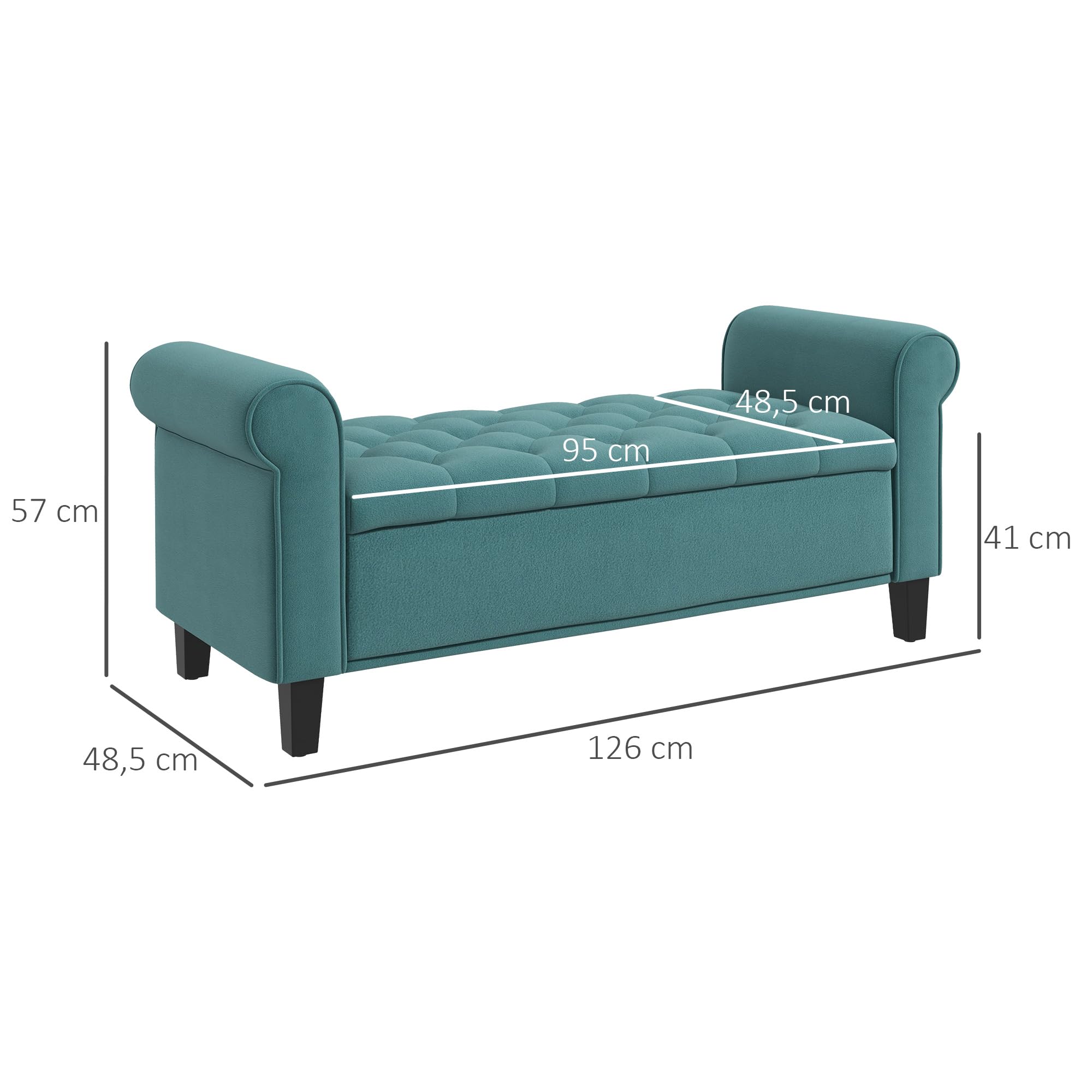 HOMCOM - Banco de almacenamiento para cama con reposabrazos, baúl de almacenamiento de tela aterciopelada acolchada y acolchada, carga hasta 120 kg, para salón, dormitorio, entrada, 126 x 48,5 x 57 cm