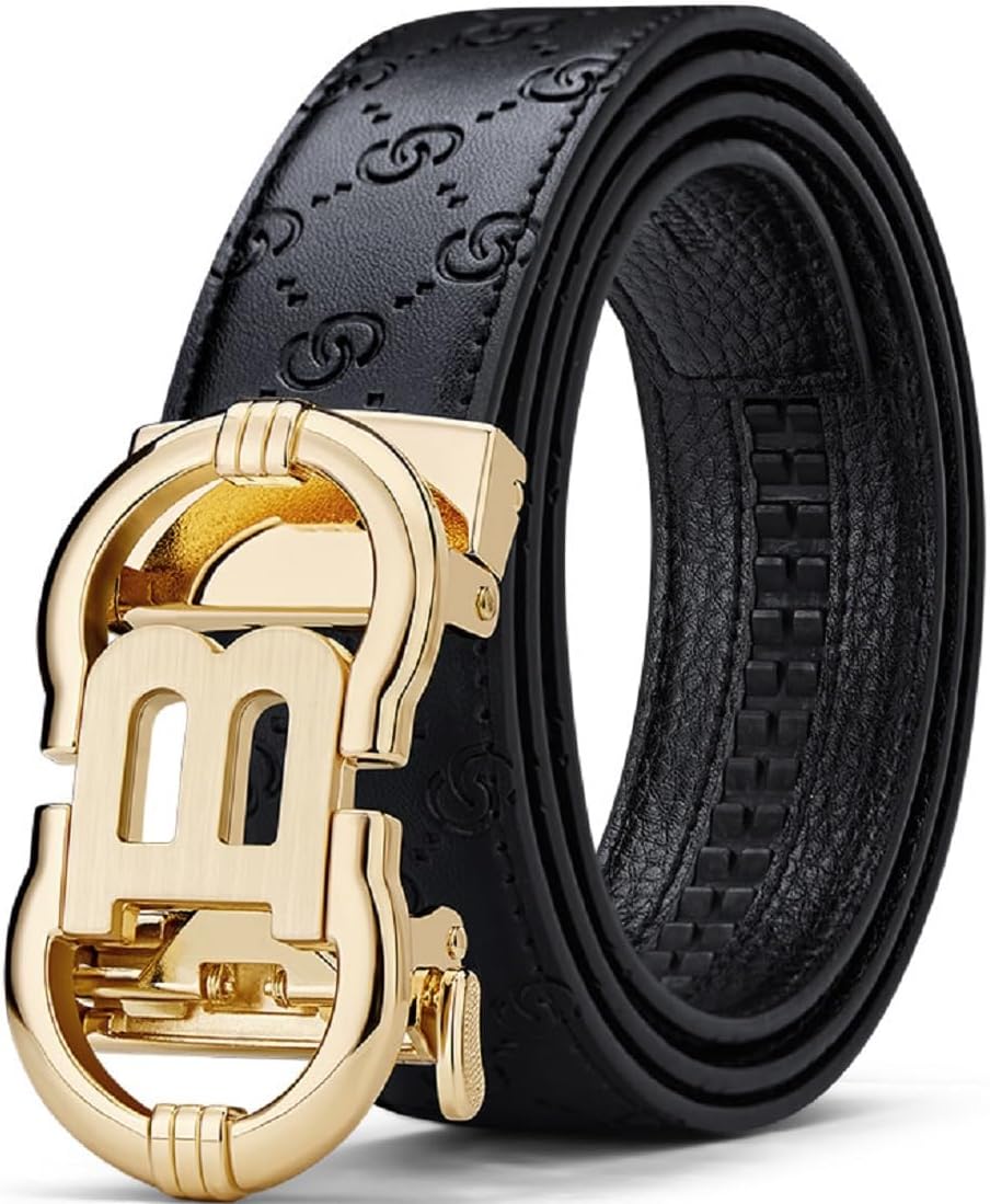 Designer Ratchet Belt for Men Leather Casual Fashion Sliding Removable Dress Adjustable Automatic Buckle