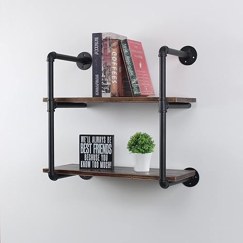 Miniatura 5 de MBQQ Estante industrial de tubo retro de 24 pulgadas de 2 niveles montado en la pared, estantes flotantes rústicos, estantes de bar de cocina de