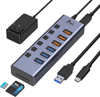 Powered USB Hub with Card Reader, 8-Port USB Data Hub 3*USB 3.1(10Gbps), 3*USB 3.0 Ports,Individual Switches and Type A/C Cables, Aluminum USB Extender Hub for PC,Laptop,Mobile HDD,Flash Drive