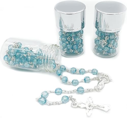RBN Rosario azul con cuentas de rosario transparente de plata católica crucifijo rosario rosario recuerdo recuerdo bautizo comunión 12 piezas, Plata