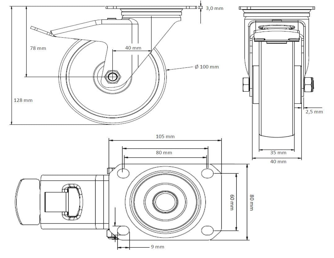 Lenkrolle mit Feststeller 100 mm Elastik"Blue Wheels"