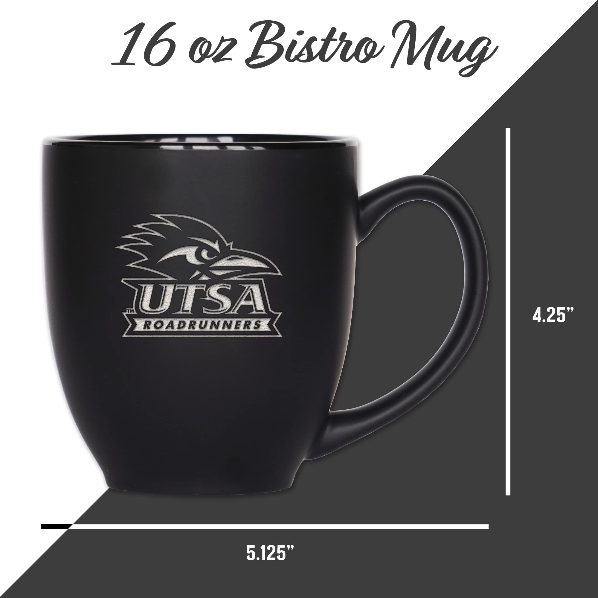 Rico Industries NCAA Texas-San Antonio Roadrunners - UTSA Main - Taza bistró negra mate de 16 onzas - para bebidas calientes o frías - Logotipo del equipo grabado para una sensación única