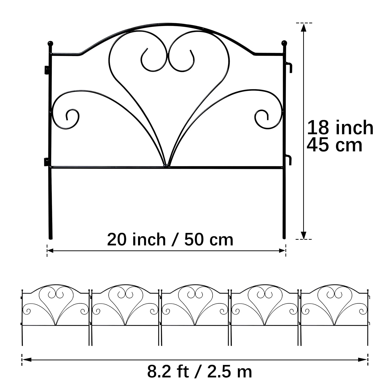 Ozdobny płotek ogrodowy 45 cm Wys. x 50 cm Szer. (5 paneli, długość całkowita 2,5 m) - Ogrodzenie bez wkopywania, metalowe, odporne na rdzę, obrzeże do ogrodu, na taras, trawnik, rabatę kwiatową