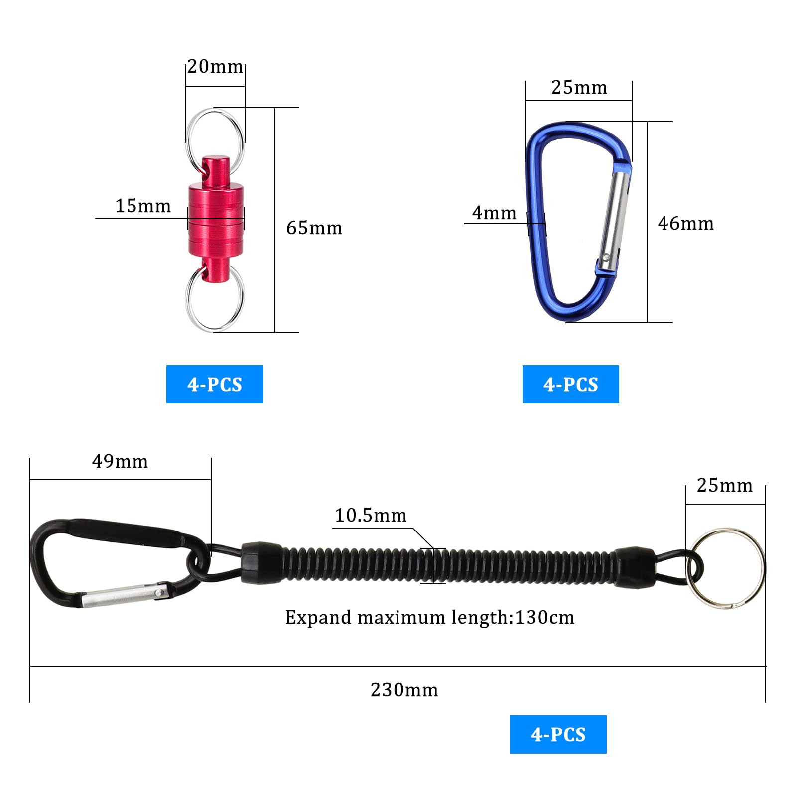 4 Pièces Libération de Filet Magnétique,Clip magnetique de pêche,Magnétique D'épuisette Boucle avec Mousqueton et Cordon enroulé pour Pêche Surf Randonnée L'alpinisme