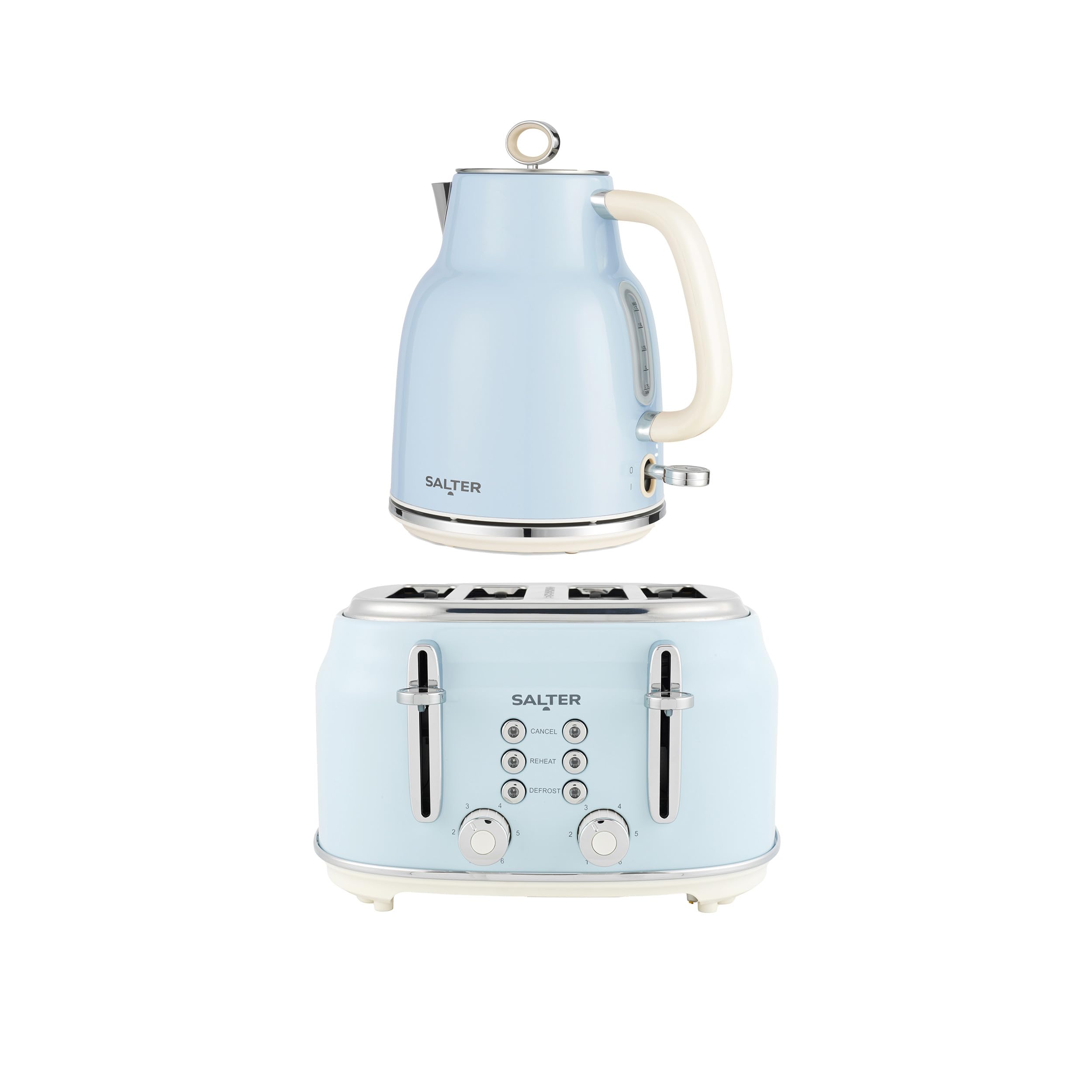 Salter Retro Kettle & 4-Slice Toaster Set - Wide Slots, 3KW Rapid Boil, 6 Browning Levels, 360ยฐ Base, Removable Limescale Filter, Defrost, Reheat & Cancel, High-Lift Eject, Removable Crumb Tray, Blue