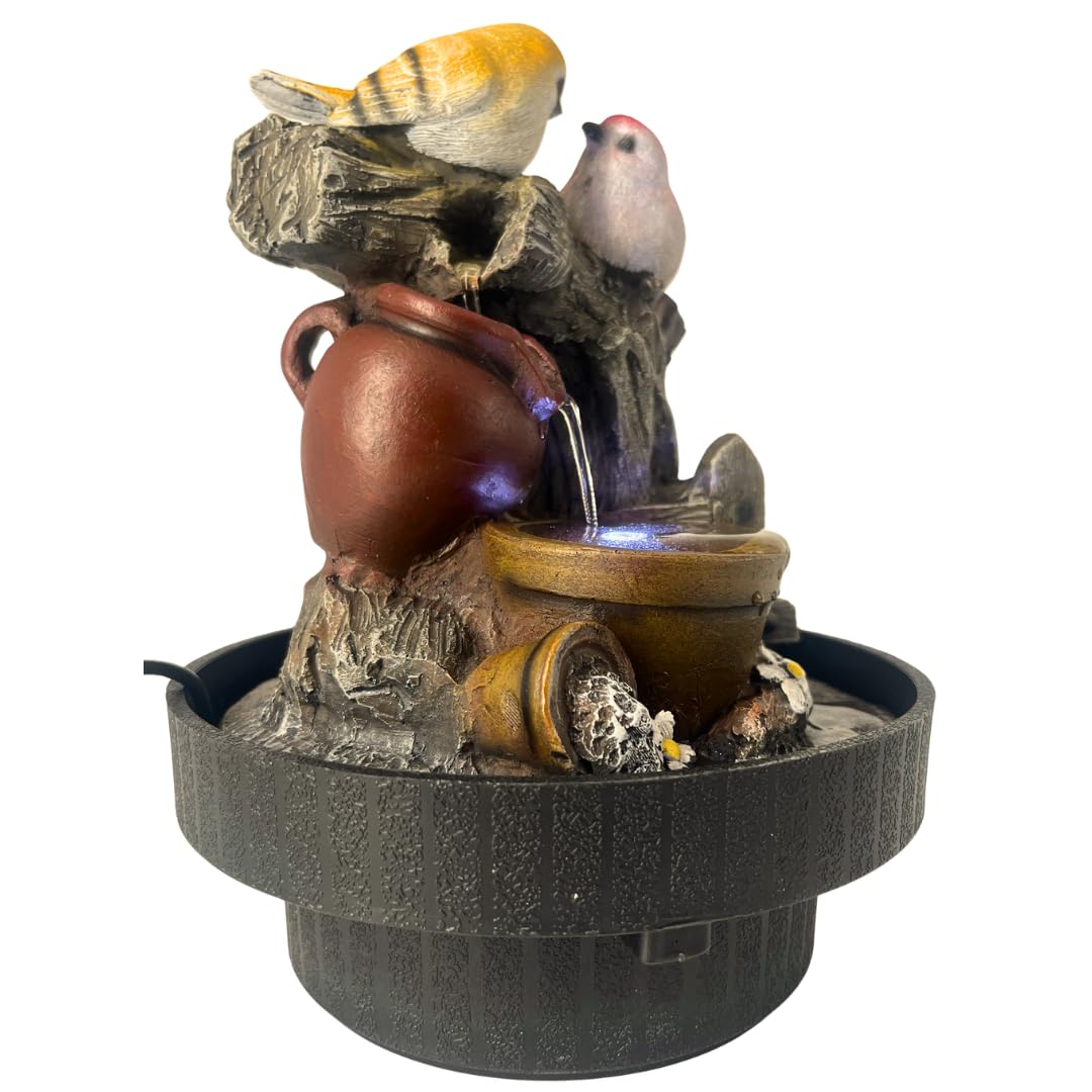 ABC Home LED Zimmerbrunnen Vögel – Dekorativer Tischbrunnen in Naturstein-Optik – Mini-Wasserfall aus Polyresin mit Beleuchtung – Beruhigendes Wasserspiel für Innen – 25 cm Hoch