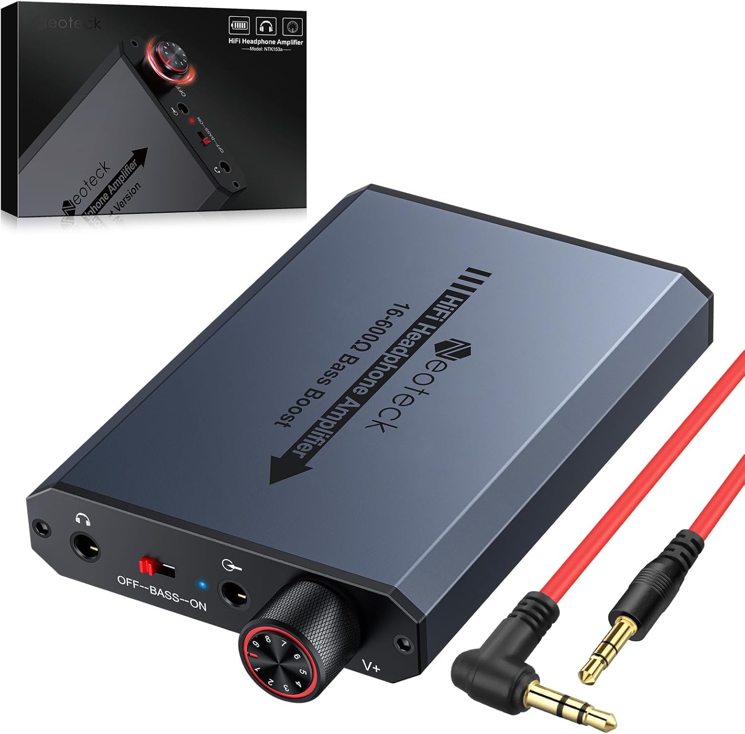 Neoteck 3.5mm Headphone Amp with Bass Boost Portable HiFi Headphone Amplifier, 16-600 Ohm,Aluminum Matte Surface for Mac,Phones,iPad,MP3,MP4 Computers PS4 PS5 Controller-Dark Grey