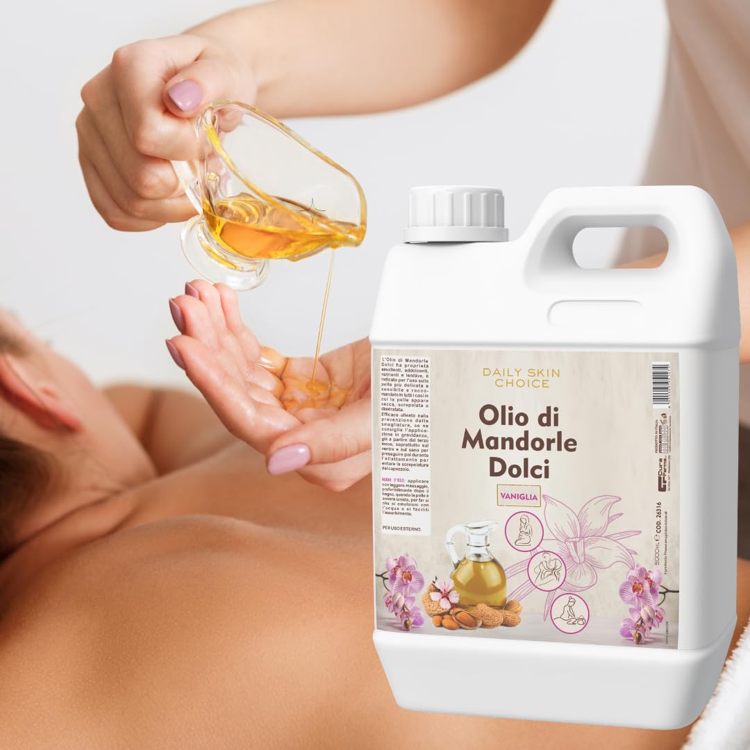 Olio di Mandorle Dolci al Profumo di vaniglia 5 L – Olio Corpo Emolliente e Nutriente per Massaggi, Post-Doccia e Post-Ceretta – Formato Professionale