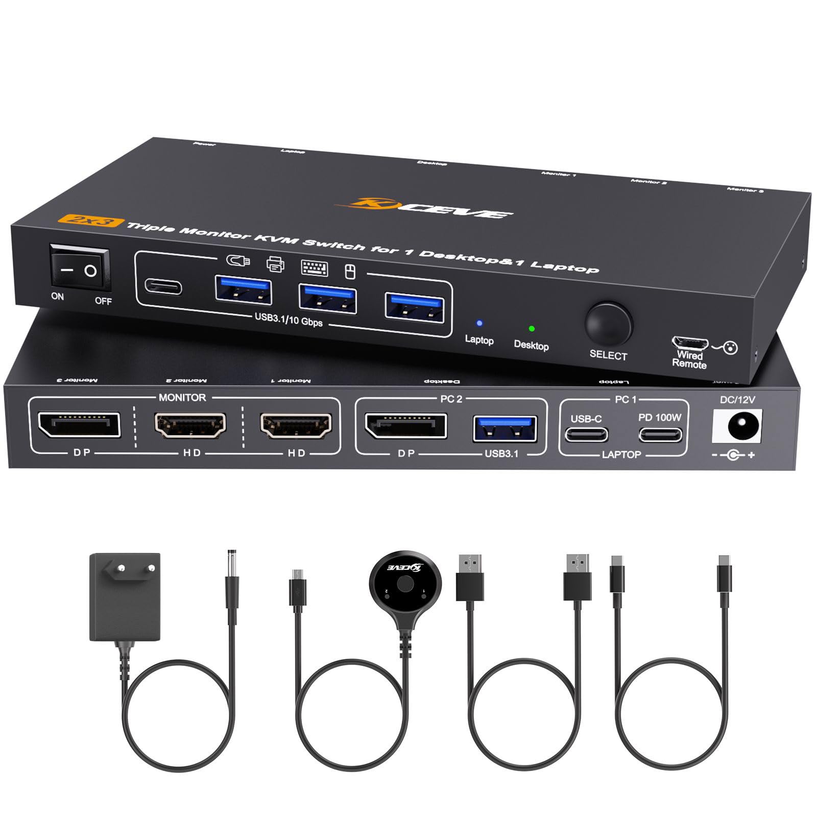 Triple Monitor KVM Switch per 1 Laptop 1 Desktop, USB 3.1 KVM Switch 2 PC 3 Monitor USB C HDMI DP Condividono 4 USB ports, 100W PD, 4K@60Hz, MST, Wired Remote(4K USBC DP HD 2 in 3 out)