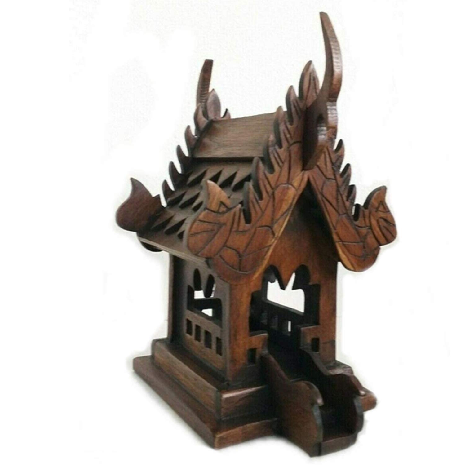 Cozinest Brown Mini Bird House Spirit House Thai Temple Buddha Teak Wood Carving For Spiritual Haunted From Thailand