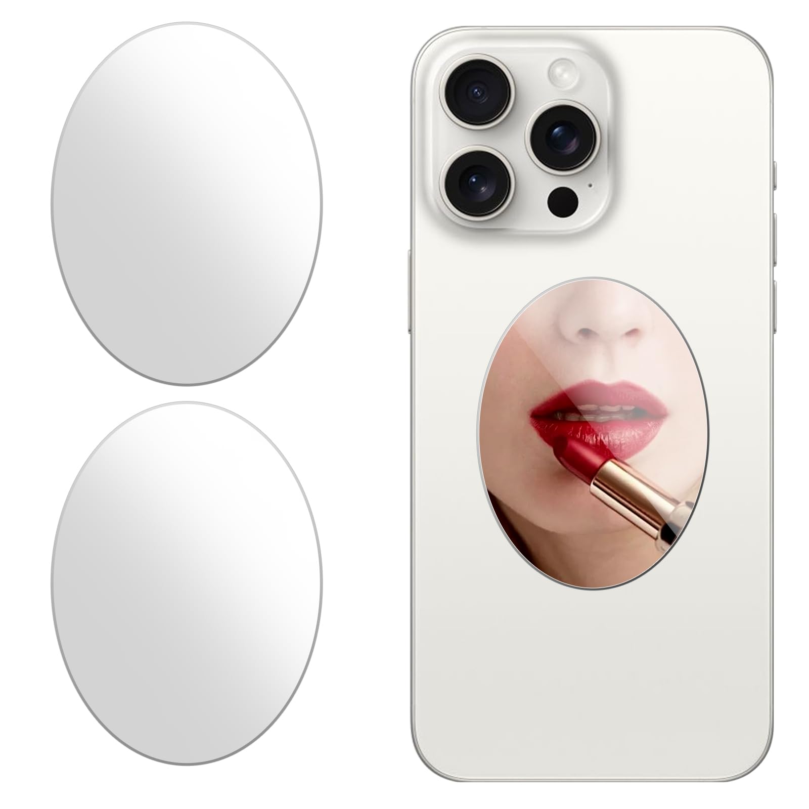 Elliptical Decal for Smartphone, Stick-On Makeup Mirror Sticker on Phone Case Back, Mirror Phone Charm (2 Pack)