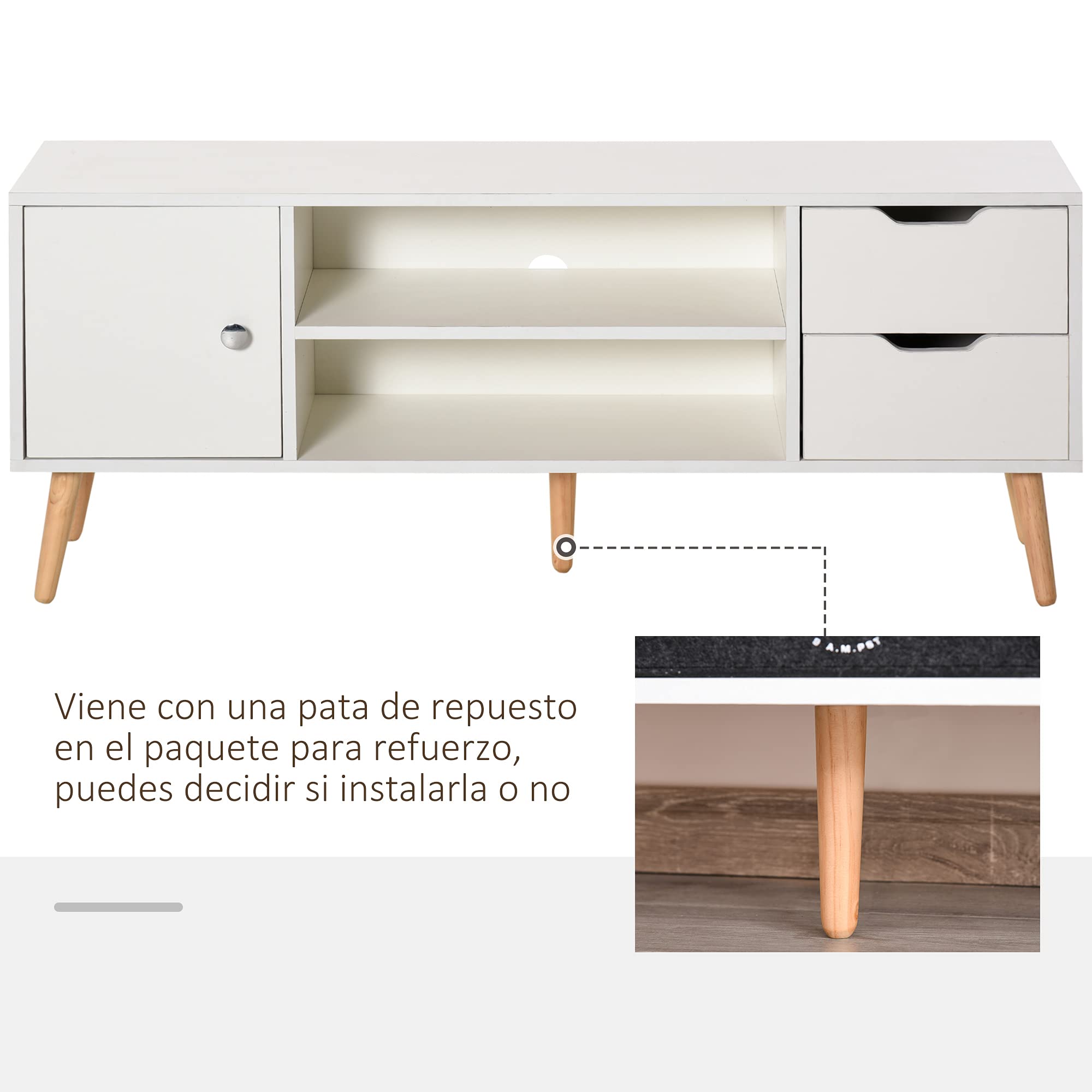 HOMCOM Mueble de TV para Televisiones de 50" Mesa de Salón Moderno con Puerta 2 Estantes Abiertos y 2 Cajones Carga 30 kg para Dormitorio Sala 120x28x44 cm Blanco