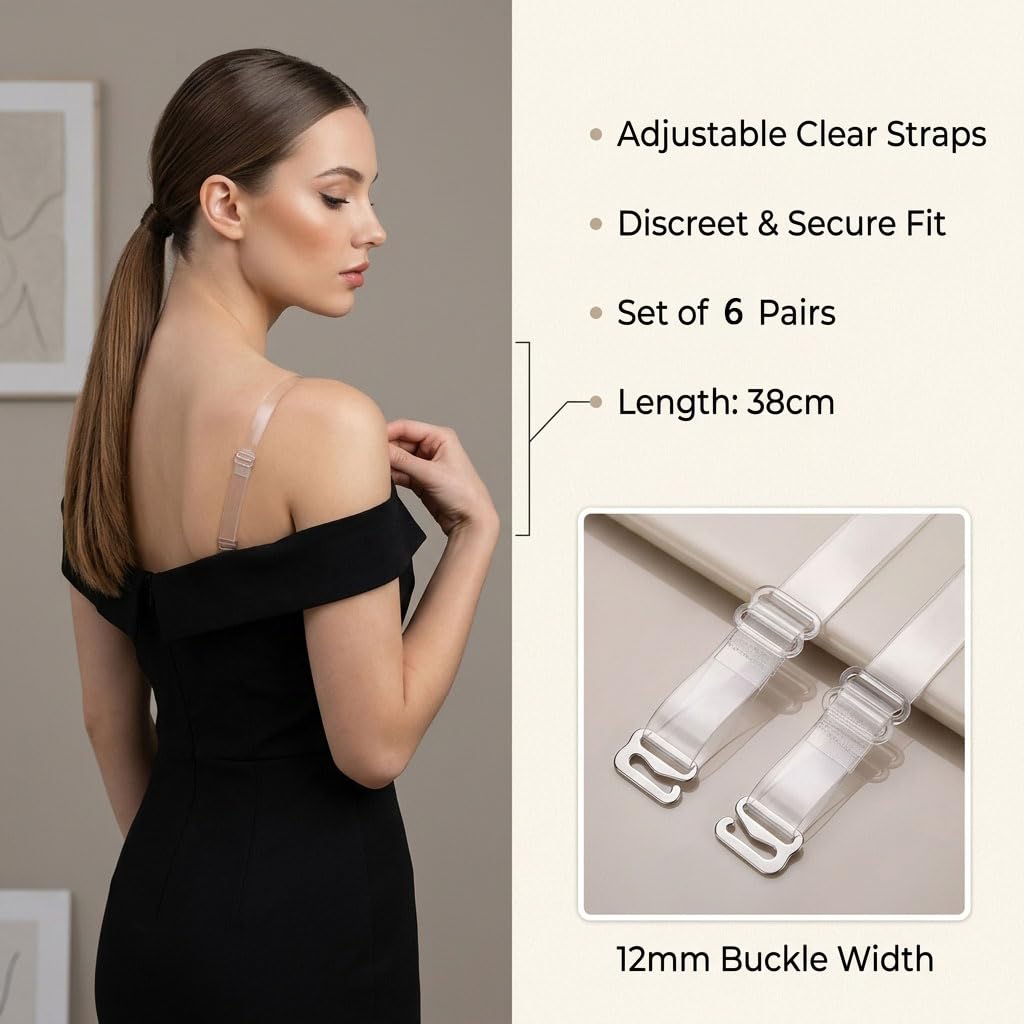 6 Paar Transparente BH Träger,Unsichtbare Klare Durchsichtige Ersatz Schultergurte,Rutschfeste Verstellbare Weiche Strap Halter Clip,für Frauen Schulterfrei Oberteile Trägerlose BHS Abnehmbaren
