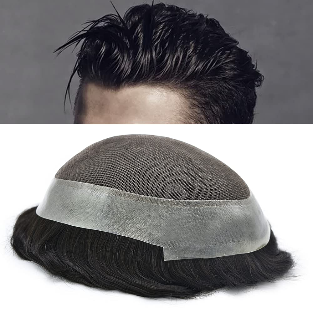 Mens Toupee Human Hairpiece French Lace With Poly Skin PU Mens Hair Replacement System Natural Hairline Toupee for Men (6"*9", 1B# Off Black-120% Medium Light to Medium Density)