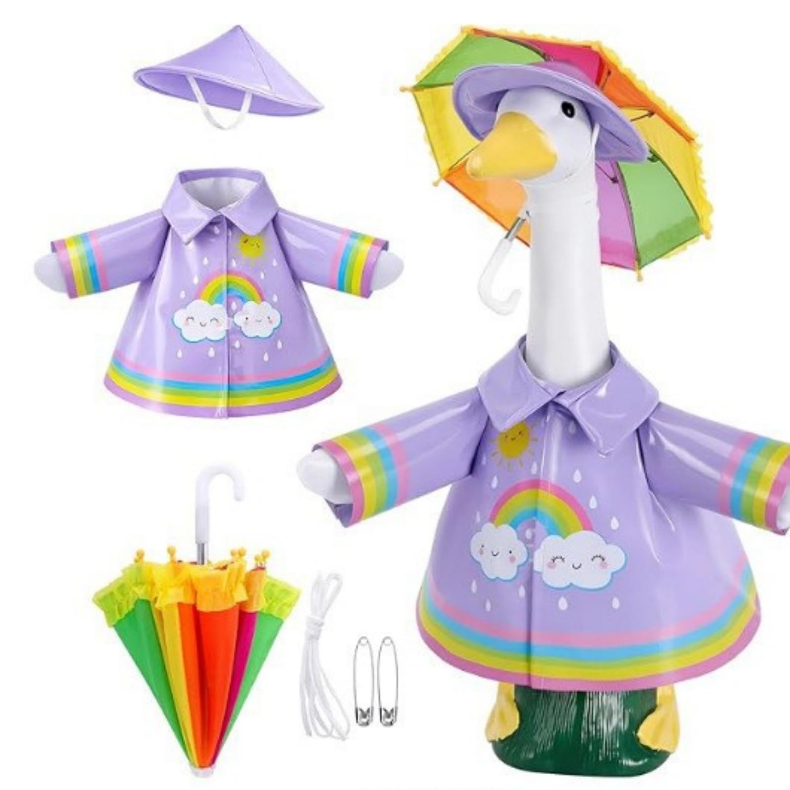 FANSU Porch Goose Outfits with Hat, Lawn Goose Clothes for 23 Inch Cement Goose Statue, Colorful Raincoats Funny Seasonal Garden Goose Costumes, Weatherproof Outdoor Porch Decor (purple,58cm)