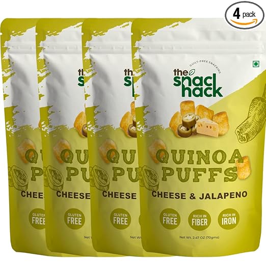 The Snack Hack Cheese & Jalapeno Quinoa Puffs : (Pack of 4 x 70 gm) | Snack for Kids | Gluten Free | Healthy Puffs | Protein Snack | Rich in Iron | Guilt-Free Snacking