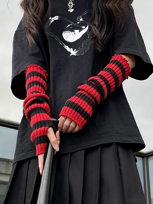 CHERSE Womens Leg Socks Arm Sleeve Red-Black Stripe Knit Y2K Arm