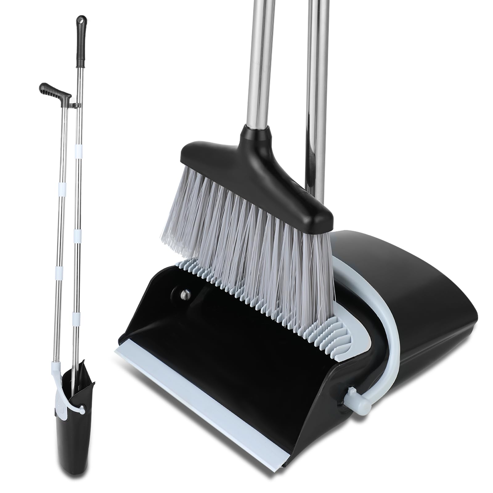 Escoba y Recogedor Plegable 138 cm Plástico Acero Inoxidable Mango Telescópico 8 Piezas Negro Blanco