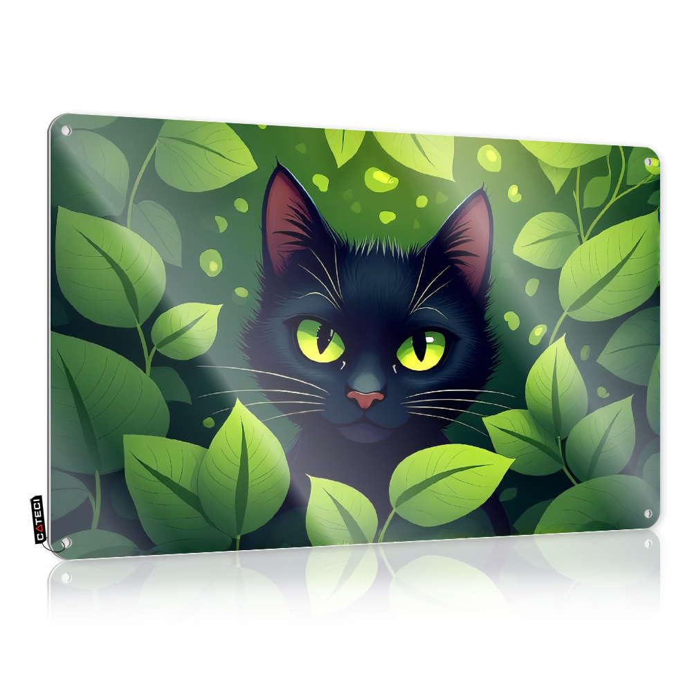 Cowboy Chic Wall Decor Tinplate Sign Mexican Vintage Tin - A Black Cat With Glowing Green Eyes Surrounded By Lush Leaves. / Metal No Trespassing & Round Funny Humorous