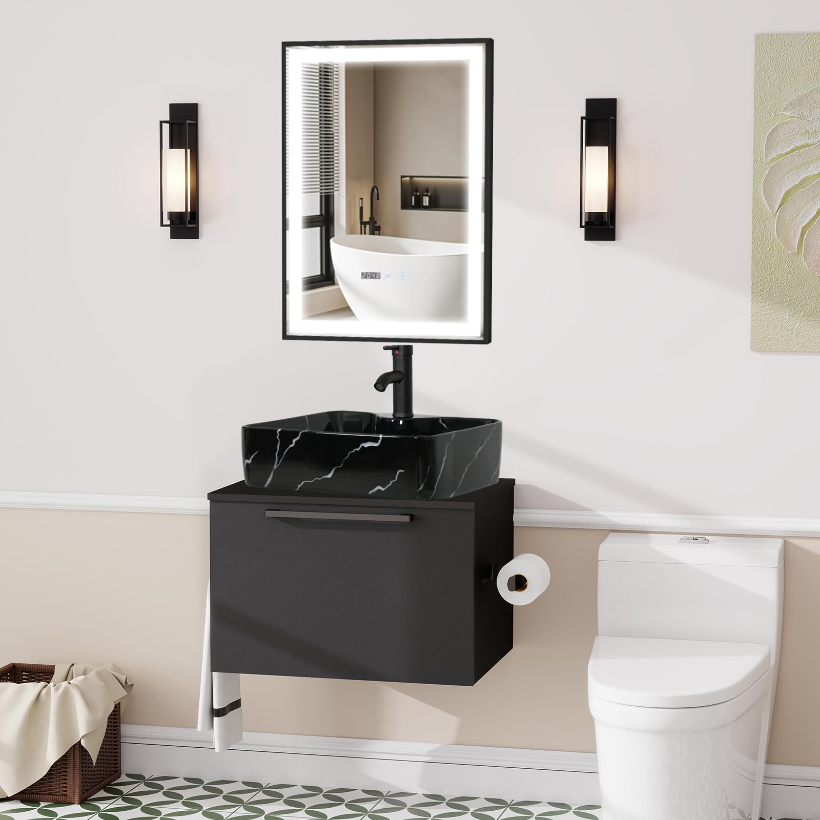 ZealWe Badmöbel-Set Waschtisch mit Unterschrank 60cm, Waschbeckenunterschrank mit Waschbecken, Badezimmermöbel Matt Schwarz Badezimmerschrank Hängend, 2-teilig, für kleine Bäder Gäste WC, Schwarz