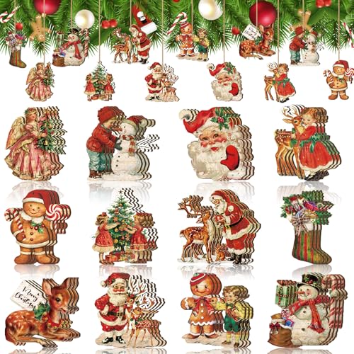 Huwena Vintage Christmas Ornaments Wooden Christmas Tree Ornaments Wood Cutouts Rustic Farmhouse Tree Decorations for Home Xmas Winter Party (Classic Color)