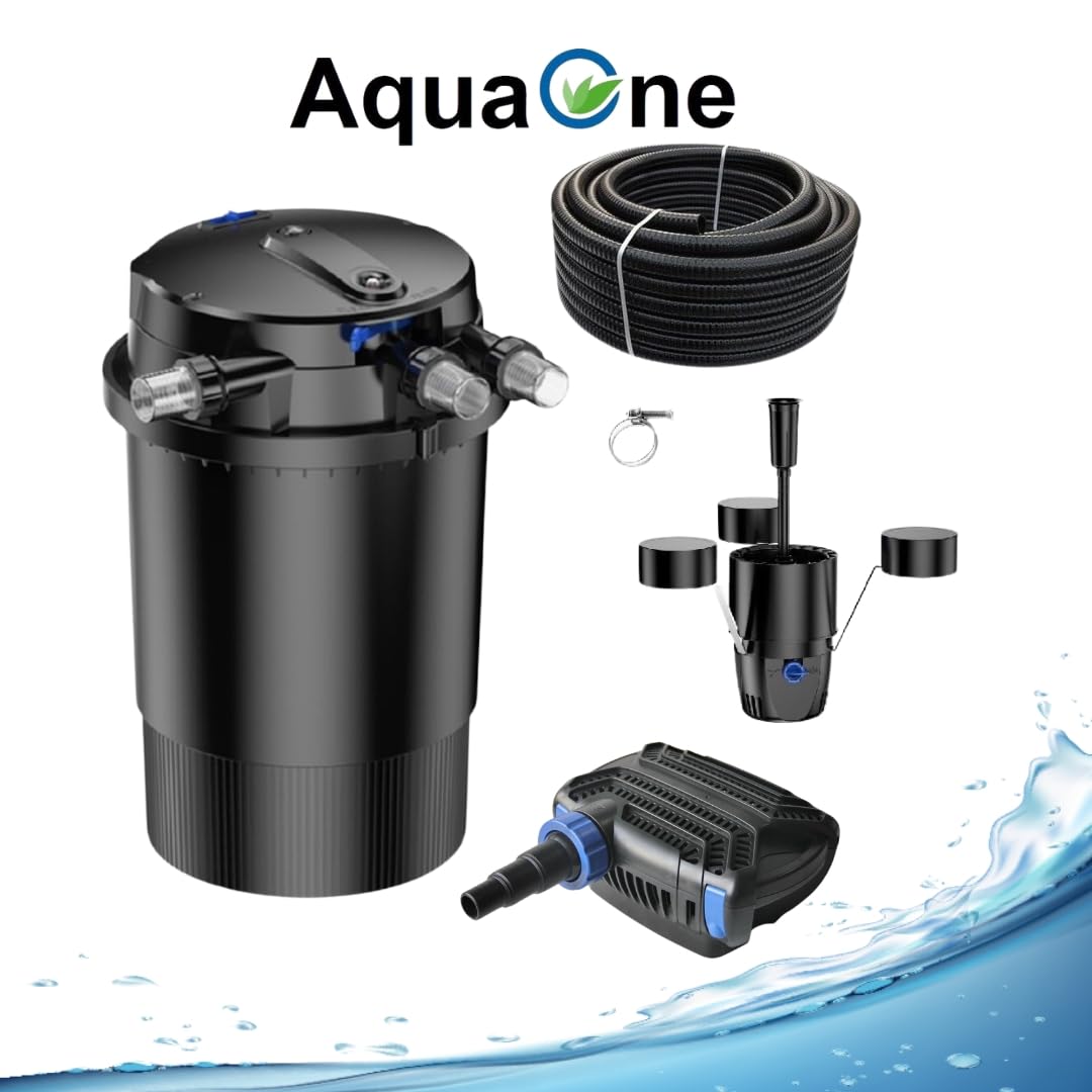 AquaOne Teichfilter Set mit Teichpumpe I Filteranlage CPU-30000 für einen Teich bis 60.000 Liter I Komplettset mit UV Lampe Eco Pumpe 70 Watt Skimmer Teichschlauch Nr.50